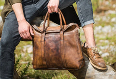 Handmade Genuine Leather Vintage Mens Brown Gray Cool Handbag Briefcase Work Bag Business Bag for men