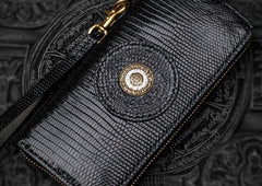 Handmade Leather Black LIZARD SKIN Chain Wallet Mens Biker Wallet Cool Leather Wallet Long Phone Wallets for Men