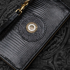 Handmade Leather Black LIZARD SKIN Chain Wallet Mens Biker Wallet Cool Leather Wallet Long Phone Wallets for Men