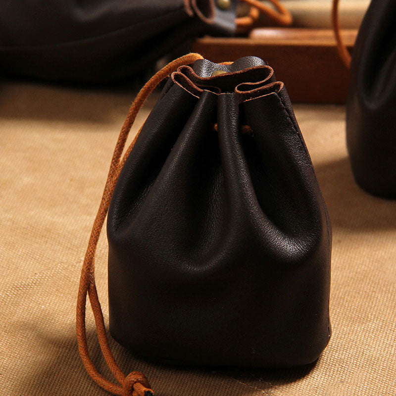 Drawstring Leather Pouch Coin Purse Dark Brown Leather 