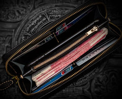Handmade Leather Black Sharkskin Chain Wallet Mens Biker Wallet Cool Leather Wallet Long Phone Wallets for Men