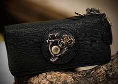 Handmade Leather Black Sharkskin Chain Wallet Mens Biker Wallet Cool Leather Wallet Long Phone Wallets for Men