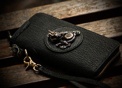 Handmade Leather Black Sharkskin Chain Wallet Mens Biker Wallet Cool Leather Wallet Long Phone Wallets for Men