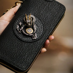 Handmade Leather Black Sharkskin Chain Wallet Mens Biker Wallet Cool Leather Wallet Long Phone Wallets for Men