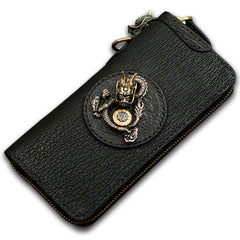 Handmade Leather Black Sharkskin Chain Wallet Mens Biker Wallet Cool Leather Wallet Long Phone Wallets for Men