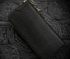 Handmade Leather Black Sharkskin Chain Wallet Mens Biker Wallet Cool Leather Wallet Long Phone Wallets for Men