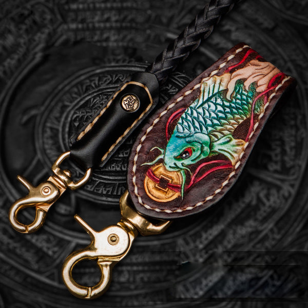 Handmade Leather Braided Biker Trucker Tooled Carp Wallet Chain for Chain Wallet Biker Wallet Trucker Wallet