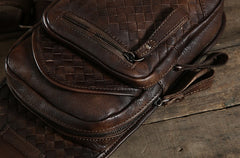 Handmade Leather Braided Mens Cool Chest Bag Sling Bag Crossbody Bag Travel Bag Hiking Bag for men