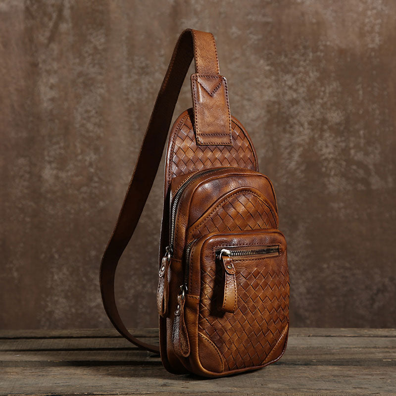 Handmade Leather Braided Mens Cool Chest Bag Sling Bag Crossbody Bag T – iwalletsmen