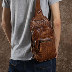 Handmade Leather Braided Mens Cool Chest Bag Sling Bag Crossbody Bag Travel Bag Hiking Bag for men