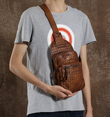 Handmade Leather Braided Mens Cool Chest Bag Sling Bag Crossbody Bag Travel Bag Hiking Bag for men