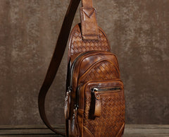 Handmade Leather Braided Mens Cool Chest Bag Sling Bag Crossbody Bag Travel Bag Hiking Bag for men
