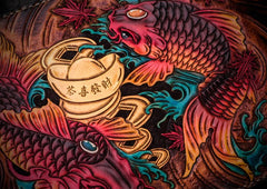 Handmade Leather Carp Tooled Wristlet Bag iPad Bag Mens Cool Leather Wallet Long Clutch for Men