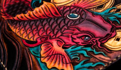 Handmade Leather Carp Tooled Wristlet Bag iPad Bag Mens Cool Leather Wallet Long Clutch for Men