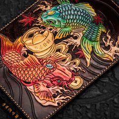 Handmade Leather Carp Tooled Wristlet Bag iPad Bag Mens Cool Leather Wallet Long Clutch for Men