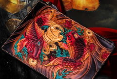 Handmade Leather Carp Tooled Wristlet Bag iPad Bag Mens Cool Leather Wallet Long Clutch for Men