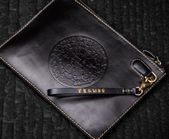 Handmade Leather Carp Tooled Wristlet Bag iPad Bag Mens Cool Leather Wallet Long Clutch for Men