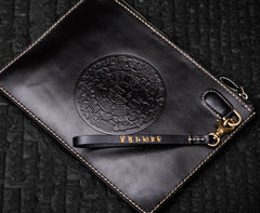 Handmade Leather Tibet Scriptures Tooled Wristlet Bag iPad Bag Mens Cool Leather Wallet Long Clutch for Men