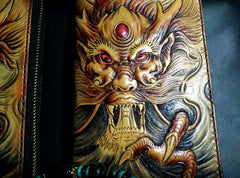 Handmade Leather Chinese Dragon Zipper Mens Long Wallet Clutch Cool Leather Wallet Long Tooled Wallets for Men