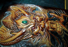 Handmade Leather Chinese Dragon Zipper Mens Long Wallet Clutch Cool Leather Wallet Long Tooled Wallets for Men