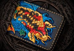 Handmade Leather License Wallet Tooled Carp Mens billfold Wallet Cool Leather Wallet Slim Wallet for Men