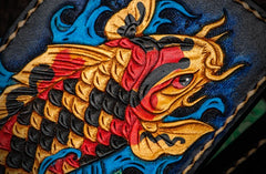 Handmade Leather License Wallet Tooled Carp Mens billfold Wallet Cool Leather Wallet Slim Wallet for Men