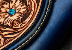 Handmade Leather Men Tooled Blue Floral Cool Leather Wallet Long Phone Clutch Wallets for Men