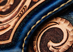 Handmade Leather Men Tooled Blue Floral Cool Leather Wallet Long Phone Clutch Wallets for Men