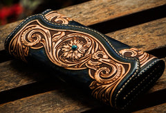 Handmade Leather Men Tooled Blue Floral Cool Leather Wallet Long Phone Clutch Wallets for Men