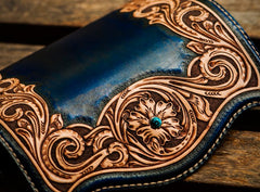 Handmade Leather Men Tooled Blue Floral Cool Leather Wallet Long Phone Clutch Wallets for Men