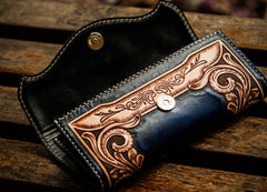 Handmade Leather Men Tooled Blue Floral Cool Leather Wallet Long Phone Clutch Wallets for Men