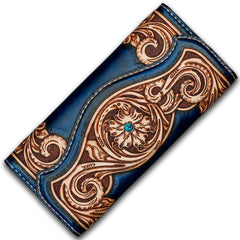 Handmade Leather Men Tooled Blue Floral Cool Leather Wallet Long Phone Clutch Wallets for Men