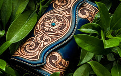 Handmade Leather Men Tooled Blue Floral Cool Leather Wallet Long Phone Clutch Wallets for Men