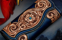 Handmade Leather Men Tooled Blue Floral Cool Leather Wallet Long Phone Clutch Wallets for Men