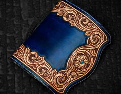 Handmade Leather Men Tooled Blue Floral Cool Leather Wallet Long Phone Clutch Wallets for Men