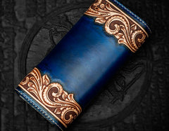 Handmade Leather Men Tooled Blue Floral Cool Leather Wallet Long Phone Clutch Wallets for Men