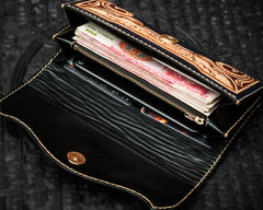Handmade Leather Men Tooled Blue Floral Cool Leather Wallet Long Phone Clutch Wallets for Men