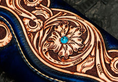 Handmade Leather Men Tooled Blue Floral Cool Leather Wallet Long Phone Clutch Wallets for Men