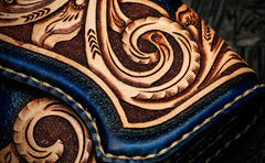 Handmade Leather Men Tooled Blue Floral Cool Leather Wallet Long Phone Clutch Wallets for Men