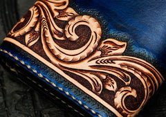 Handmade Leather Men Tooled Blue Floral Cool Leather Wallet Long Phone Clutch Wallets for Men