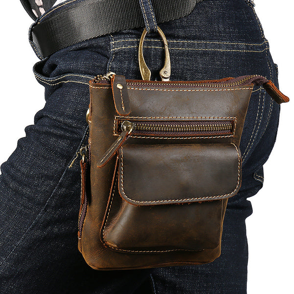 Vintage Brown Leather Men's Small Side Bag Belt Pouch Belt Bag Small Messenger Bag For Men - iwalletsmen