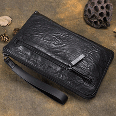Handmade Cool Leather Mens Black Long Wallet Wirstlet Bag Black Zipper Clutch Wallet for Men - iwalletsmen