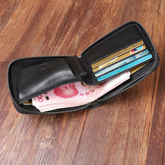 Cool Leather Mens Black Zipper Small billfold Wallet Leather Wallet Bifold billfold Wallets for Men - iwalletsmen