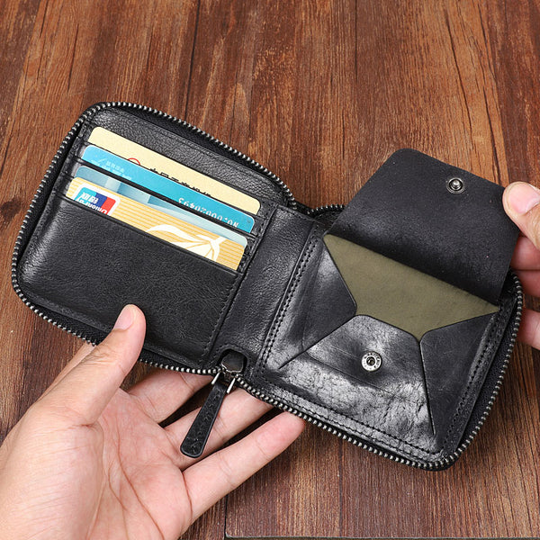 Cool Leather Mens Black Zipper Small billfold Wallet Leather Wallet Bifold billfold Wallets for Men - iwalletsmen