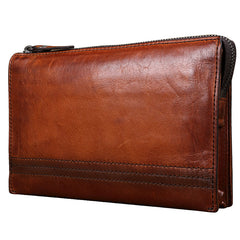 Handmade Brown Leather Mens Long Wallet Wristlet Wallet Brown Zipper Clutch Wallet for Men - iwalletsmen
