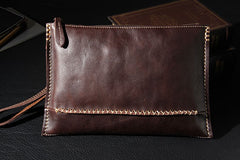 Handmade Leather Mens Coffee Brown Clutch Vintage Wristlet Bag Clutch Wallet for Men
