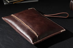 Handmade Leather Mens Coffee Brown Clutch Vintage Wristlet Bag Clutch Wallet for Men