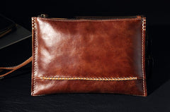 Handmade Leather Mens Coffee Brown Clutch Vintage Wristlet Bag Clutch Wallet for Men