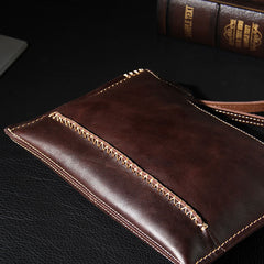 Handmade Leather Mens Coffee Brown Clutch Vintage Wristlet Bag Clutch Wallet for Men