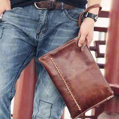 Handmade Leather Mens Coffee Brown Clutch Vintage Wristlet Bag Clutch Wallet for Men